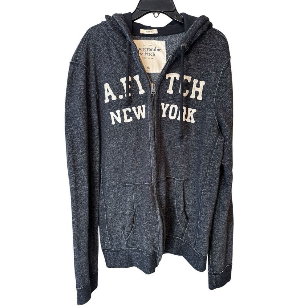 Abercrombie & Fitch Vintage Hoodie Mens XL Gray Muscle Fit Zip Jacket Sweatshirt - Picture 2 of 6